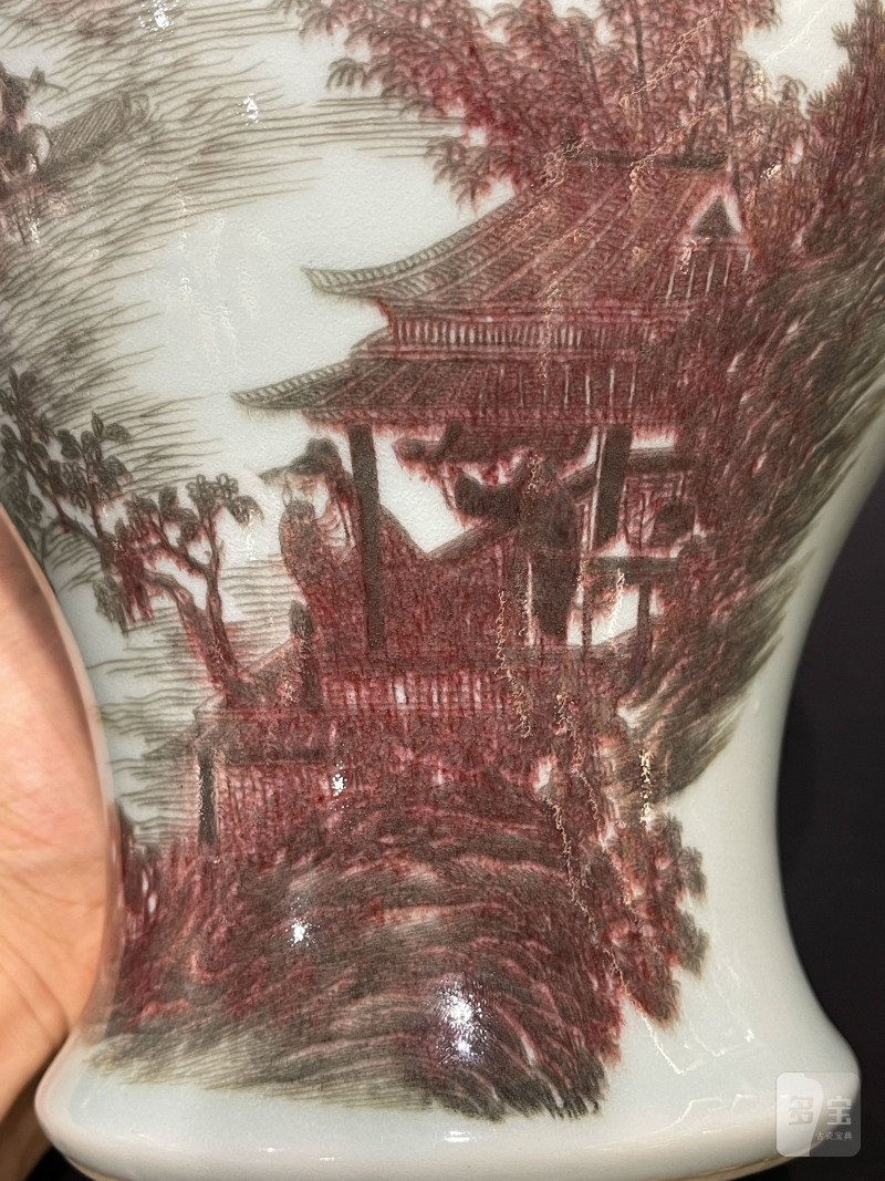 清中期 釉里红山水人物图铺首尊 - 图9